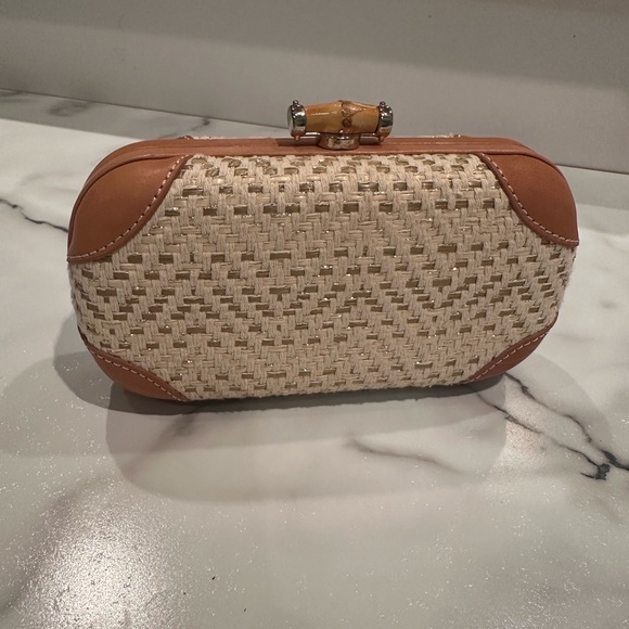 J. McLaughlin Handbags - JMcLaughlin Woven Straw and Tan Leather Clutch